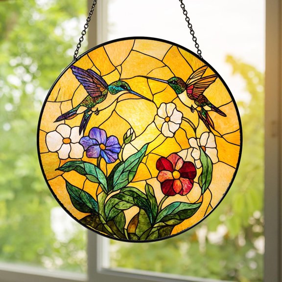 Hummingbird Glass Suncatcher, Colorful Bird Window Hanging, Garden Flower Panel, Nature Lover, 3.5 in