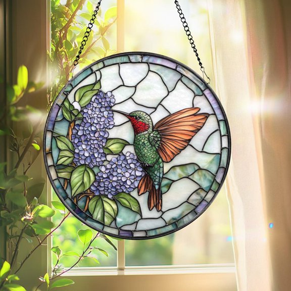 Hummingbird Glass Suncatcher, Lilac Floral Window Panel, Colorful Nature Art Decor, 6.3 in