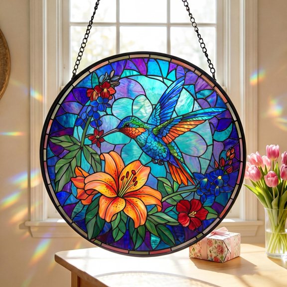 Hummingbird Glass Suncatcher, Stained Glass Bird Floral Window Hanging, Colorful Spring Decor, Gift for Mom
