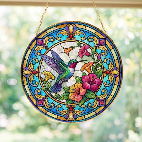 Hummingbird Glass Suncatcher, Window Hanging Art, Floral Garden Decor, 6.3 in