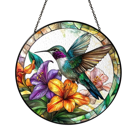 Hummingbird Glass Suncatcher Window Hanging Decor, Floral Spring Light Catcher Art, Elegant Nature Accent Gift for Bird Lover Homes