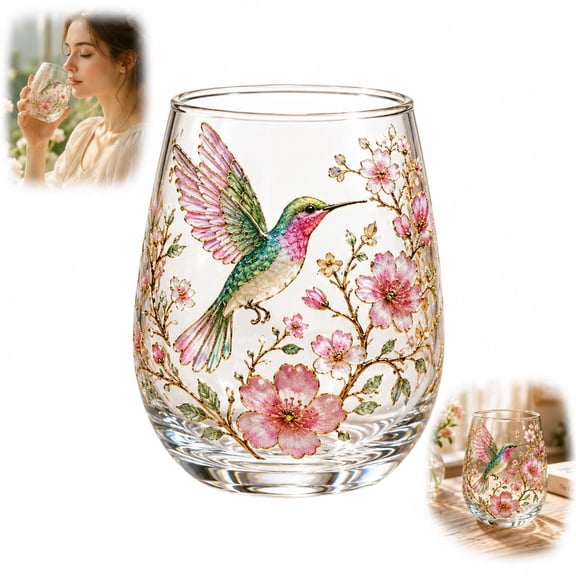Hummingbird Glass Tea Cup, Retro Floral Bird Glass Mug, Art Pattern Transparent Water Cup for Home Kitchen Office
