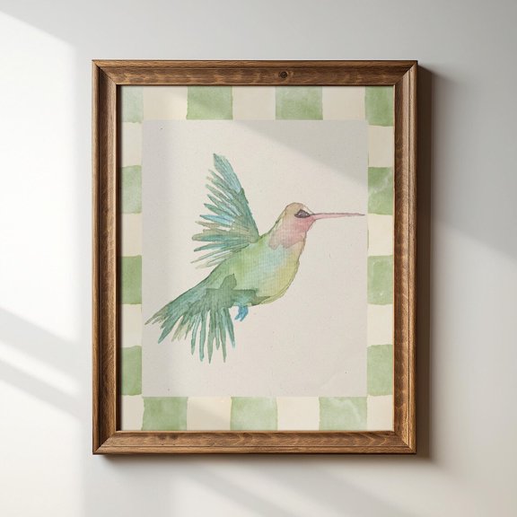 Hummingbird Green Checkered Floral Art