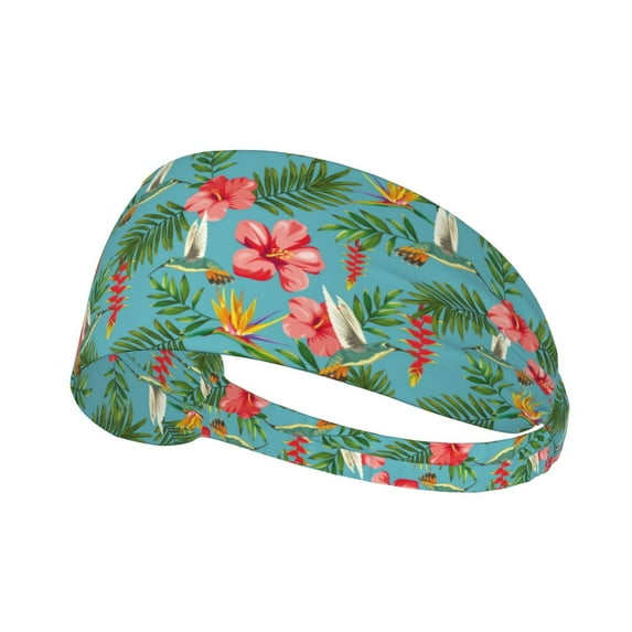 Hummingbird Green Leaf Red Hibiscus Headbands for Women Men, Workout Elastic Sweat Band for Yoga Running Cycling Gym Exercise Non Slip Head Bands for Women's Hair
