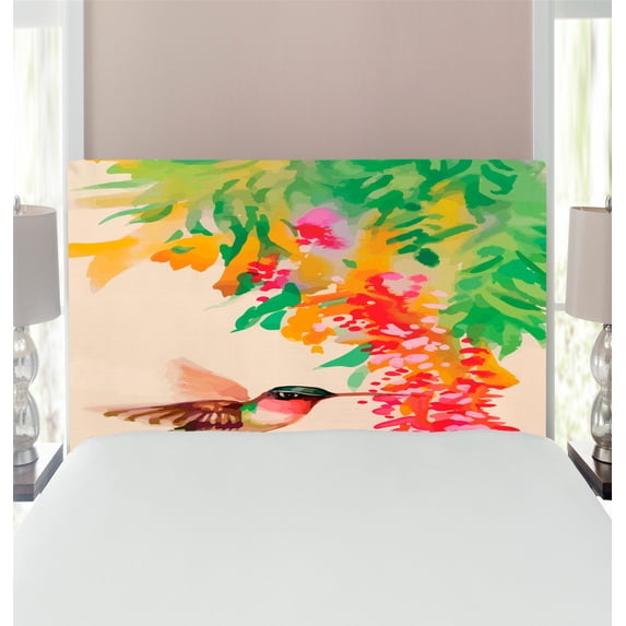 Hummingbird Headboard, Image of Colibri Bird and Flowers Exotic Tree Bloom in Watercolor Effect, Upholstered Decorative Metal Bed Headboard with Memory Foam, Twin Size, Green Red Beige, by Ambesonne