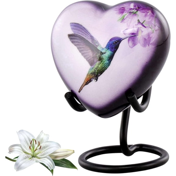 Hummingbird Heart Keepsake Urn for Human Ashes – Mini Hand-Painted Memorial Urn with Display Stand, Velvet Bag & Gift Box, Holds 3 Cubic Inches