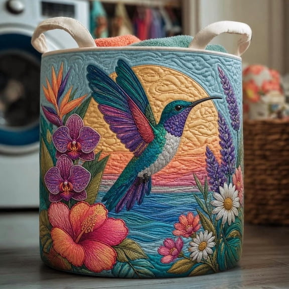 Hummingbird Heaven Quilted Laundry Basket, Bird Laundry Room Decor, Soft Fabric Hamper, Bird and Flower Field Hamper, Gift For Mom