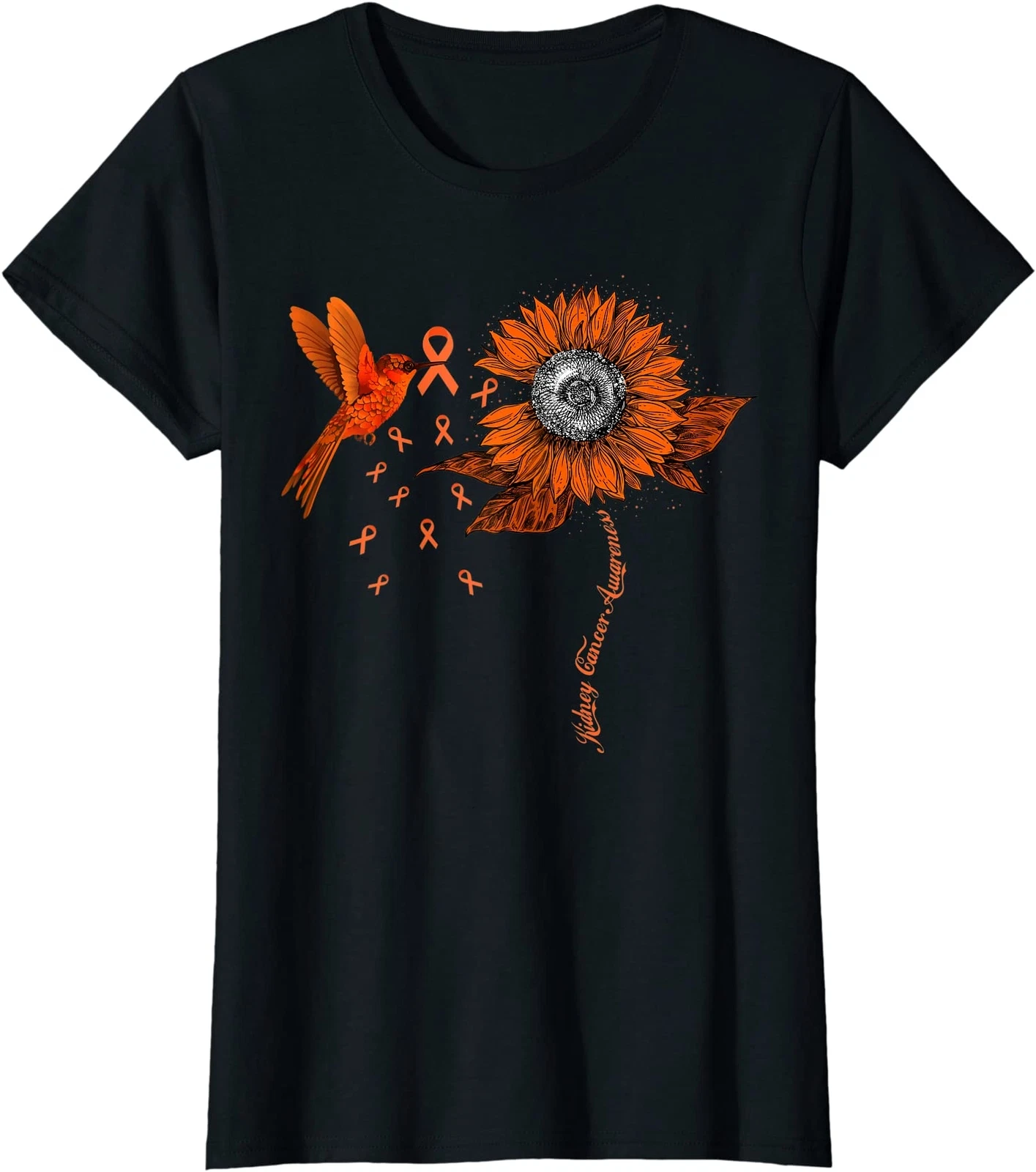 Hummingbird Holding Orange Ribbon Kidney Cancer Ladies' Crewneck T ...