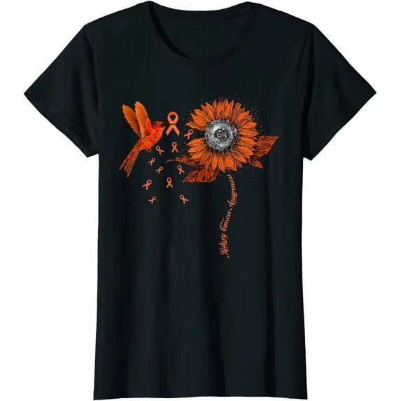 Hummingbird Holding Orange Ribbon Kidney Cancer Ladies' Crewneck T ...