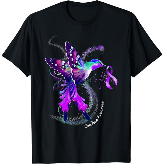 Hummingbird Holding Purple Ribbon Overdose Awareness T-Shirt