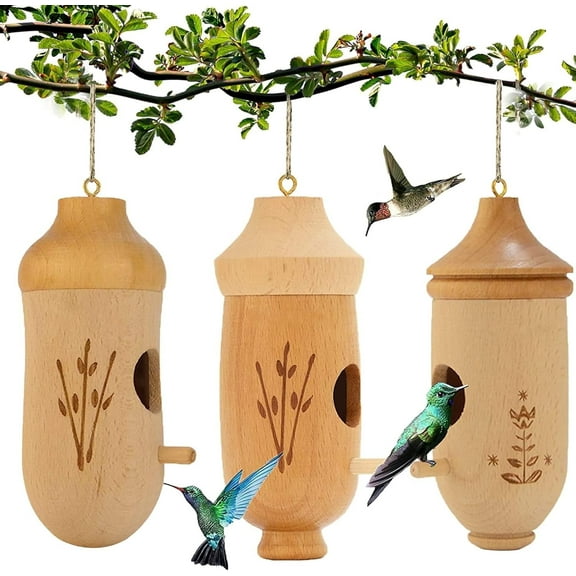 Hummingbird House - Natural Wooden Hummingbird Houses for Outside Hanging, Gardening Gifts Home Decoration 3 Packs