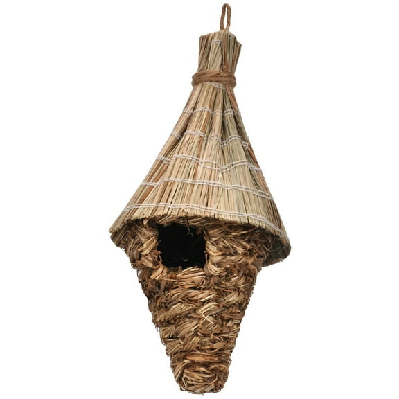 Hummingbird House, Nutural Grass Hand-Woven Cone Shape Hummingbird Nest Finch Bird House for Garden Outside Hanging 1PC