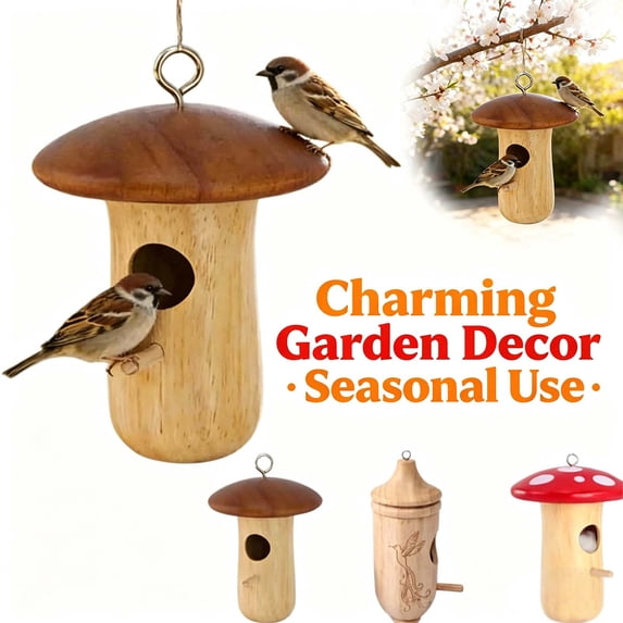 Hummingbird House for Outside, Wooden Hanging Mushroom Design Handcrafted Natural Wood Birdhouse, Outdoor Hanging Bird Watching House Bird House for Gardening Gifts Home Decoration _ C