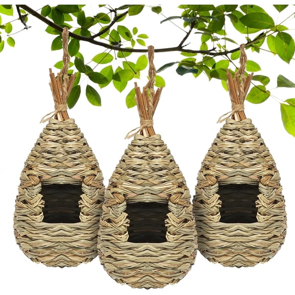 Hummingbird Houses for Outside Hanging, Natural Grass Hanging Bird Hut, Hand Woven Bird Nest for Garden Window Outdoor Home Decoration, 3 Pack