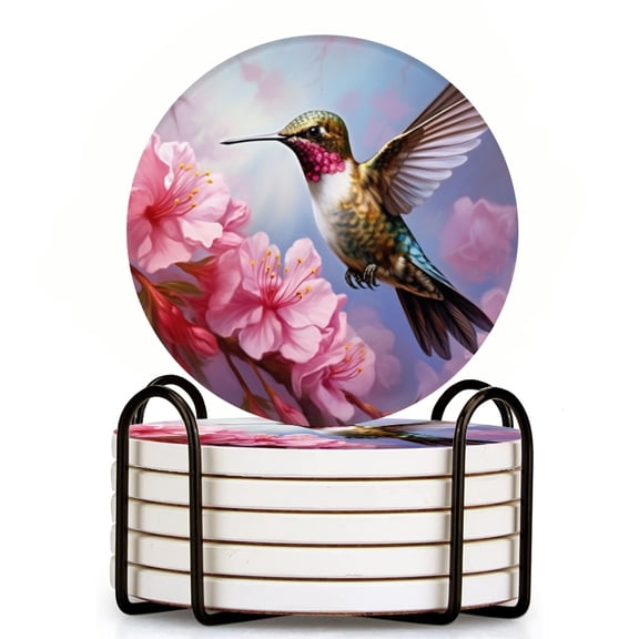 Hummingbird Hovering Near Pink Cherry Blossoms Set of 6 Ceramic Coasters with Holder, Absorbent Drink Bar Coasters, Table Coasters for Living Room Decor Tabletop Protection