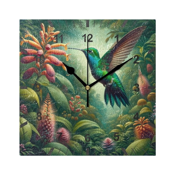 Hummingbird Hovering on Flowers Wall Clock Battery Operated Silent Non-Ticking Bedroom Office Kitchen Home School Decor 7.8"(Black)