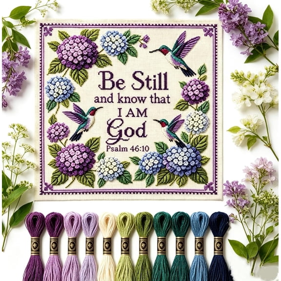 Hummingbird Hydrangea Stamped Cross Stitch Kit, Psalm 46:10 Be Still Religious Embroidery Set with Full Supplies, DIY Beginner Kit for Christian Home Decor Gift
