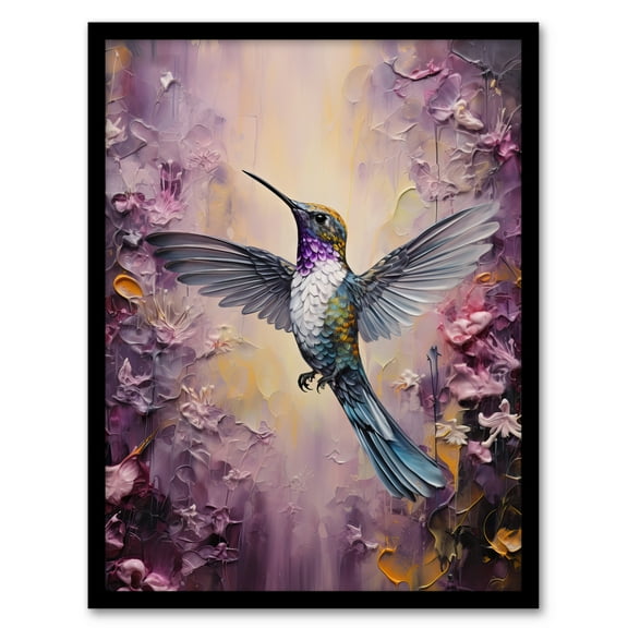Hummingbird In An Abstract Lavender Flower Field Bright Oil Painting Artwork Framed Wall Art Print A4