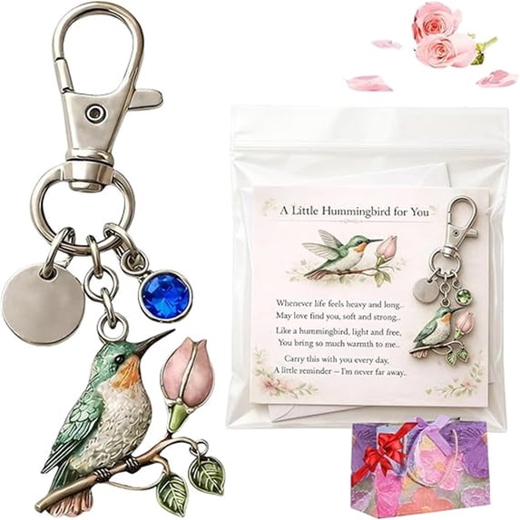 Hummingbird Keychain with Poem Card, Meaningful Gift for Mom Grandma Daughter, Cute Animal Keyring with Flower Charm, Inspirational Present for Mothers Day Birthday Christmas