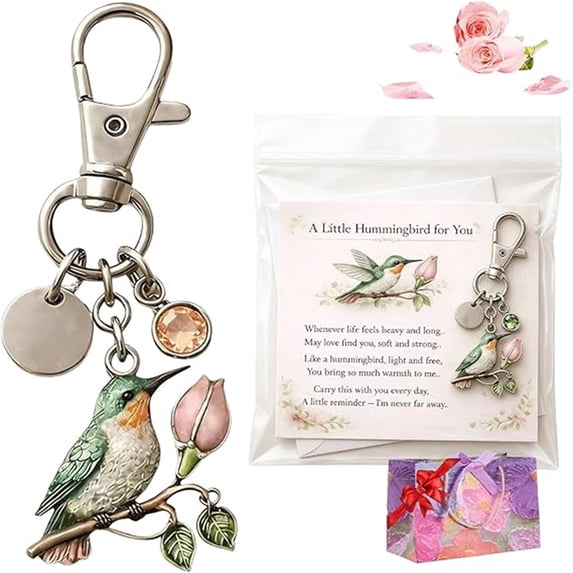 Hummingbird Keychain with Poem Card, Meaningful Gift for Mom Grandma Daughter, Cute Animal Keyring with Flower Charm, Inspirational Present for Mothers Day Birthday Christmas