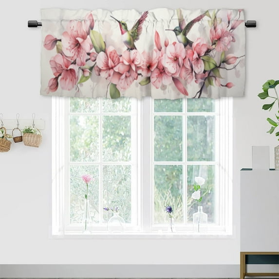 Hummingbird Kitchen Curtain Valances Pink Floral Flowers Spring Green Leaves Plant Botanical Window Treatment for Living Room Bedroom Bathroom 54 by 18 in, 1 Panel