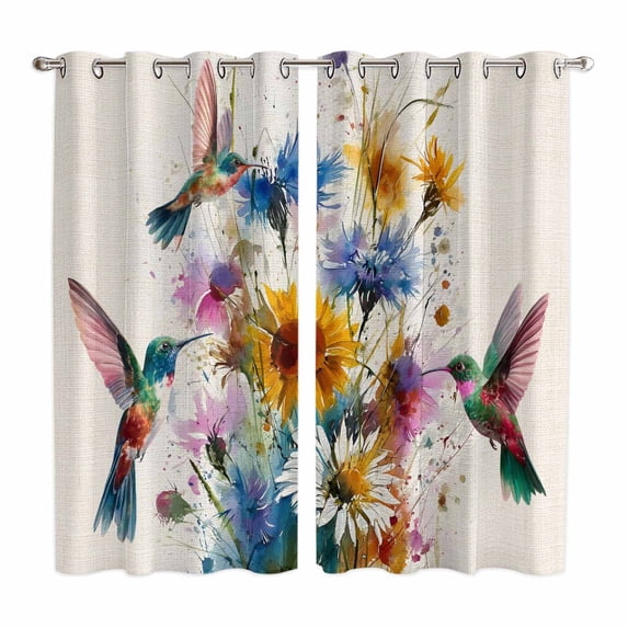 Hummingbird Kitchen Curtains Window Panels, Spring Vintage Oil Painting Sunflowers Beige Insulated Window Treatment Curtain, Grommet Curtains for Bedroom/Living Room/Bathroom, 2 Piece 42"Wx63"L