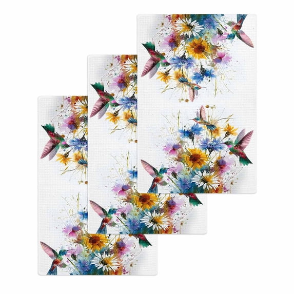 Hummingbird Kitchen Dish Towels for Drying Dishes Set of 3, Spring Farmhouse Oil Painting Sunflowers Waffle Weave Microfiber Hand Tea Bathroom Towels Quick Dry & Absorbent Towel 15.7x23.6