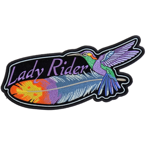 Hummingbird Lady Rider Feather Patch - 9x3.8 inch. Embroidered Iron on Patch