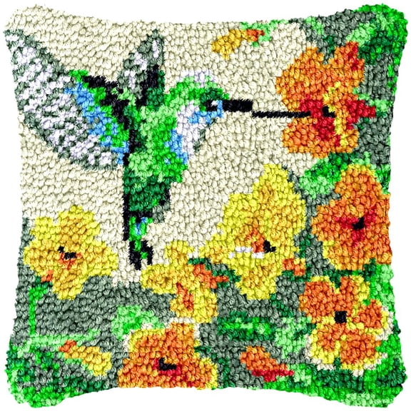 Hummingbird Latch Hook Kits Pillow Cover DIY Rug Making Crochet Hook Cushion Making Kits with Preprinted Pattern Canvas DIY Needlework Crochet Kits Sofa Decor 43x43cm