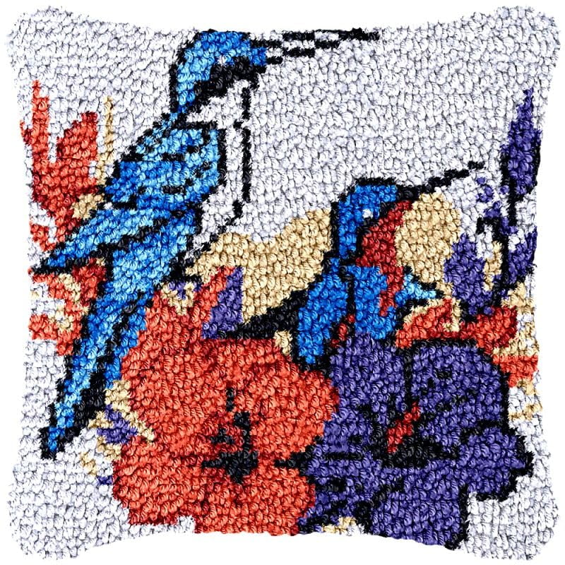 Hummingbird Latch Hook Pillow Cover Kits for DIY Handmade Throw Pillow Cross Stitch Latch Hook Pillowcase Rug Kits with Preprinted Color Pattern Canvas Crochet Yarn Kits 17''X 17''(ys82)