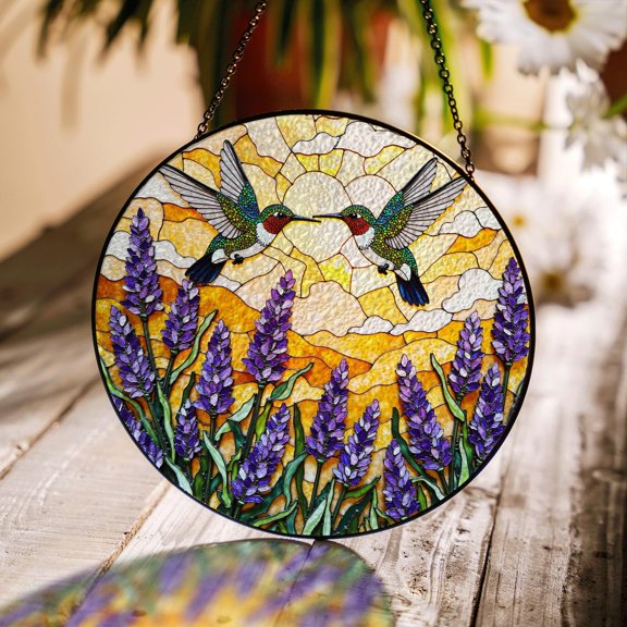 Hummingbird Lavender Glass Suncatcher, Round Window Decor Nature, 3.5 in
