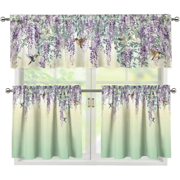 Hummingbird Lavender Kitchen Curtain Valance and Tiers Set of 3, Light Blocking Window Treatment Tiers Easy Installation for Kitchen Decor 24 inch Length