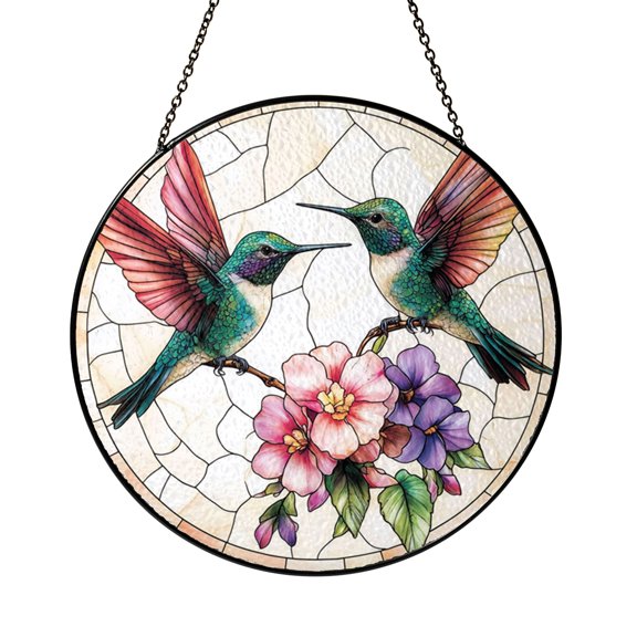 Hummingbird Lavender Scene Stained Glass Effect Suncatcher, Elegant Window Hanging Decor