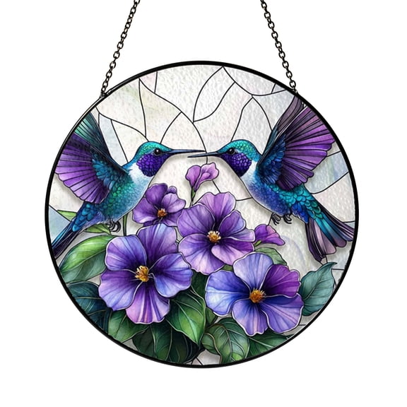 Hummingbird Lavender Stained Glass Style Window Hanging – Home Decor Art