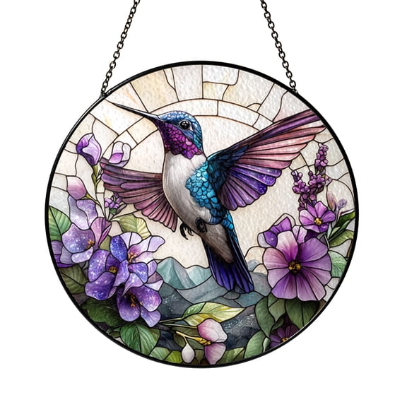 Hummingbird Lavender Stained Glass Suncatcher Colorful Bird Flower Scene Window Ornament Garden Home Decor Gift Idea