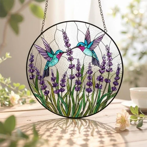 Hummingbird Lavender Stained Glass Suncatcher -- Purple Floral Bird Window Decor