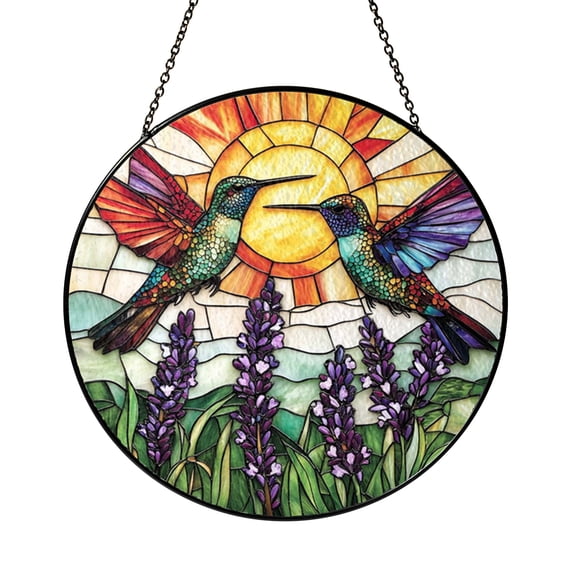 Hummingbird Lavender Window Suncatcher with Glass Effect, Decorative Garden Window Art with Floral and Bird Design