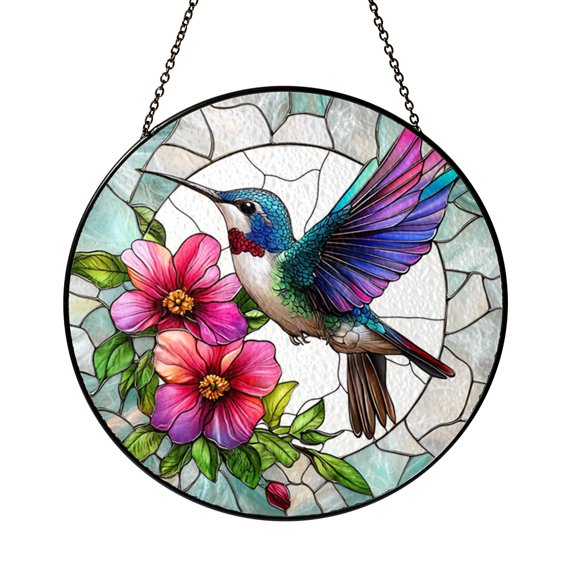 Hummingbird Lilac Floral Suncatcher, Window Hanging with Light Reflective Color Effects and Elegant Nature Theme