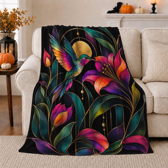 Hummingbird Lilies Garden Scene, Cozy Botanical Garden Scene, Warm Flannel Blanket for Sunroom and Reading Nook, Garden Lovers Housewarming Gift, Artistic Home Decor