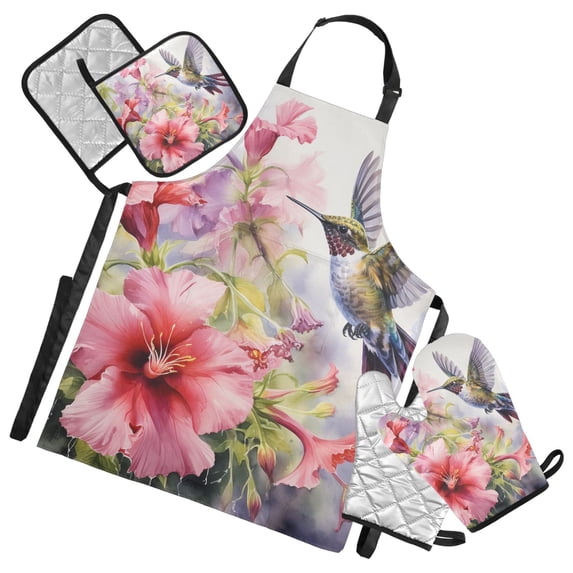 Hummingbird Lily Floral 5 Pcs Kitchen Set Heat Resistant Oven Mitts and Non-Slip Pot Holders with Adjustable Cooking Apron