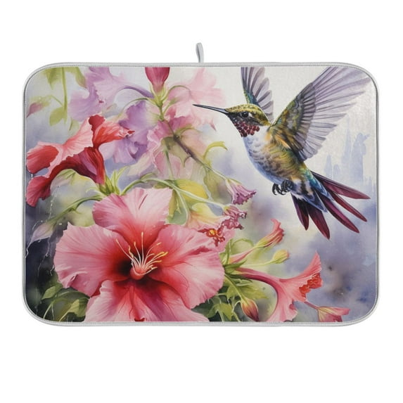 Hummingbird Lily Floral Dish Drying Mat for Kitchen Counter 18x24 In Absorbent Microfiber Reversible Mats Dish Drainer Protector Rack Pad for Coffee Bar Table