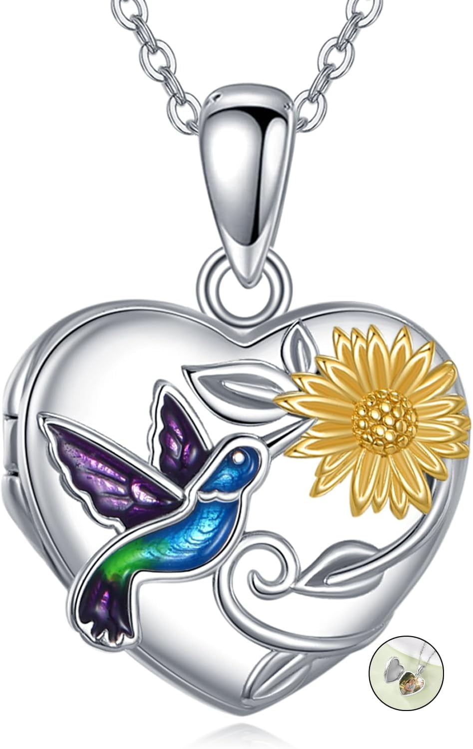 Hummingbird Locket Necklace 925 Sterling Silver Sunflower Heart Locket ...