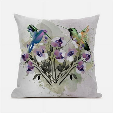 Hummingbird Love Indoor/Outdoor Pillow with Removable Cover in Beige Purple Brown Green18x18