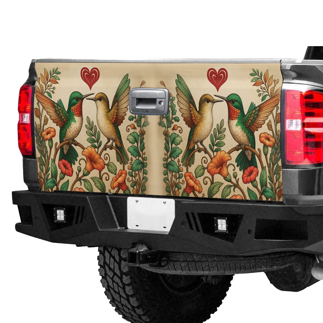 Hummingbird Love Tailgate Wrap – Vintage Floral Hummingbird Truck Tailgate Decal, Romantic Bird & Flower Pickup Tailgate Graphic