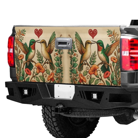 Hummingbird Love Tailgate Wrap – Vintage Floral Hummingbird Truck Tailgate Decal, Romantic Bird & Flower Pickup Tailgate Graphic