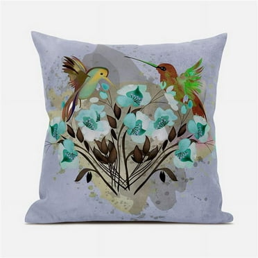 Hummingbird Love Throw Pillow with Removable Cover in Green Brown Gray 20x20