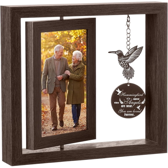 Hummingbird Memorial Picture Frame for Loss of Loved One, Sympathy Bereavement Gift, Remembrance Wood Photo Frame with Angel Quote Pendant, Rotating Double Sided 4 x 6 Display
