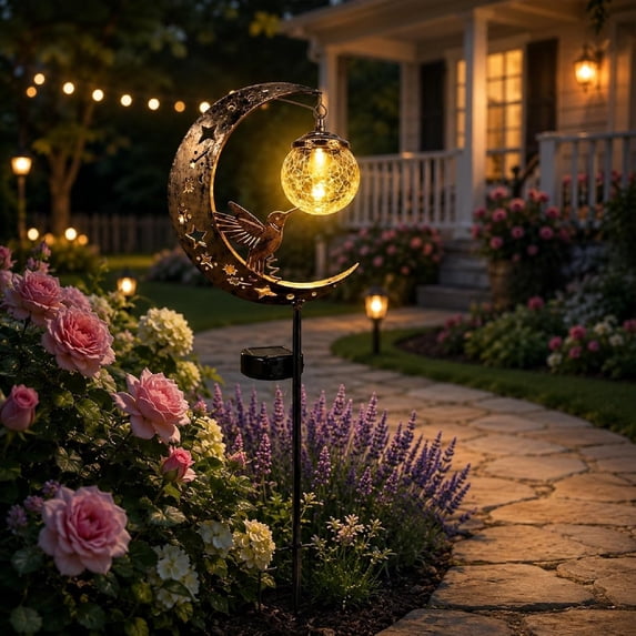 Hummingbird Moon Solar Garden Stake Light, Half Moon Crackle Glass Lights Waterproof Metal Stake Ornament Warm White LED , Metal Crescent for Outside Yard Patio Lawn Outdoor Decor
