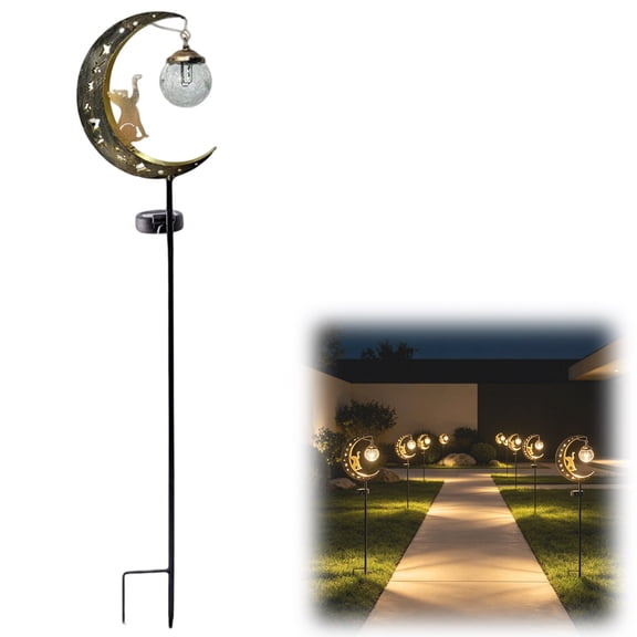 Hummingbird Moon Solar Garden Stake Light, Half Moon Hanging Globe Lights, Metal Crescent Solar Hummingbird Lights for Pathway Yard Patio Lawn Outdoor Decor