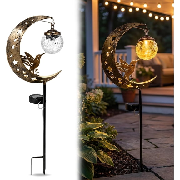 Hummingbird Moon Solar Garden Stake Light, Metal Waterproof Half Moon LED Pathway Light, for Outdoor Yard Patio Lawn Decor